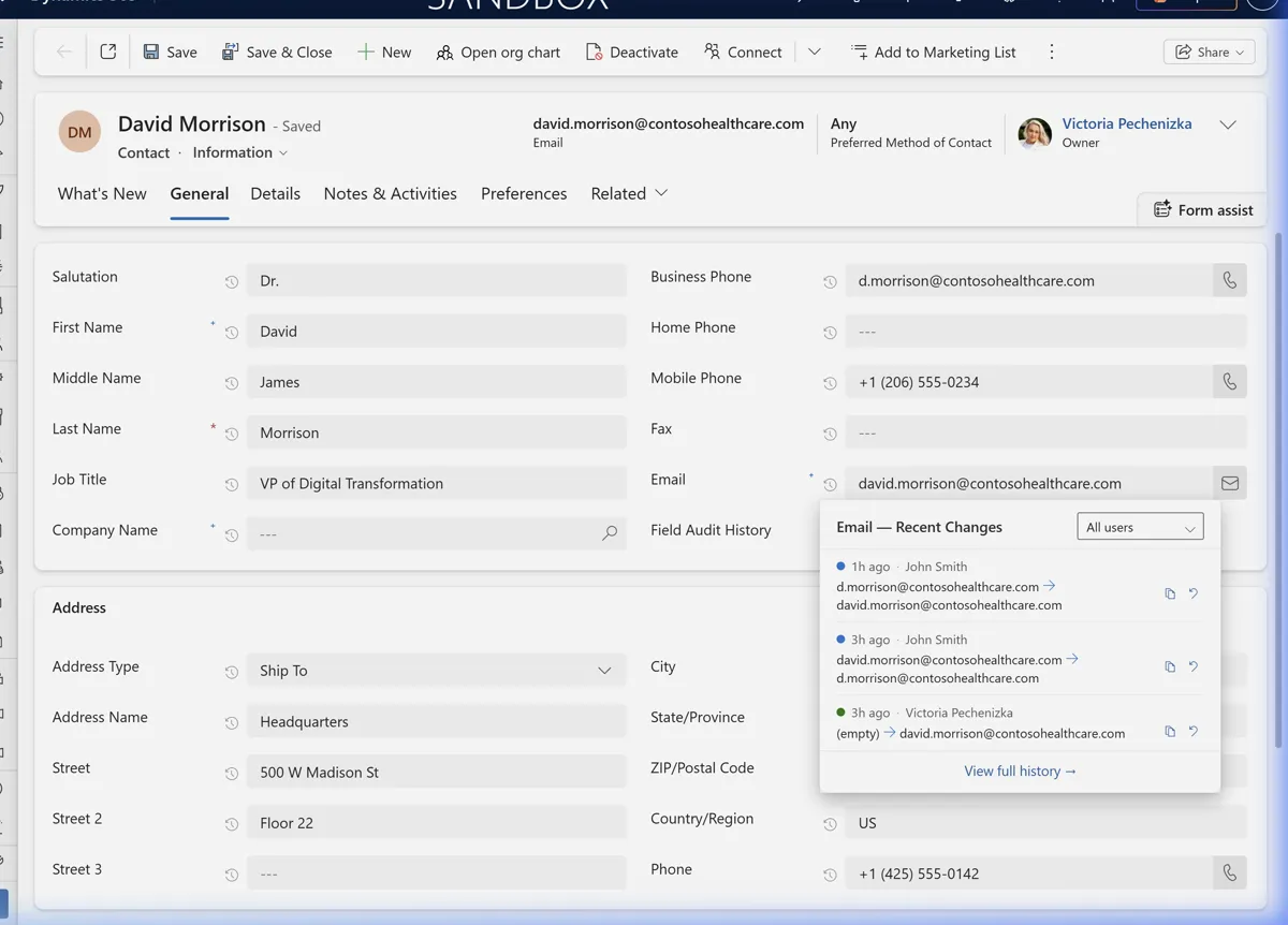 Quick Peek popup showing three recent Email changes with old and new values, timestamps, and user names