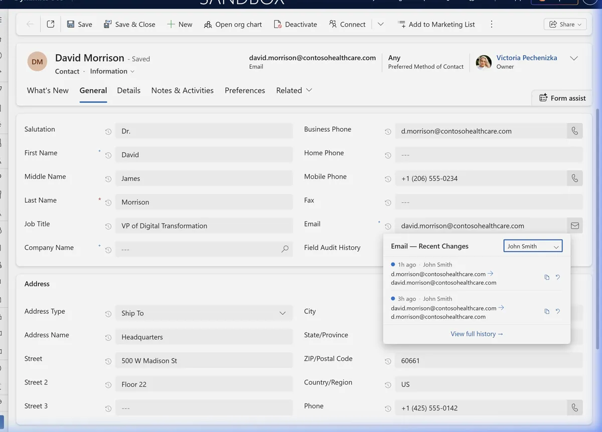Quick Peek popup filtered to show changes by a single user