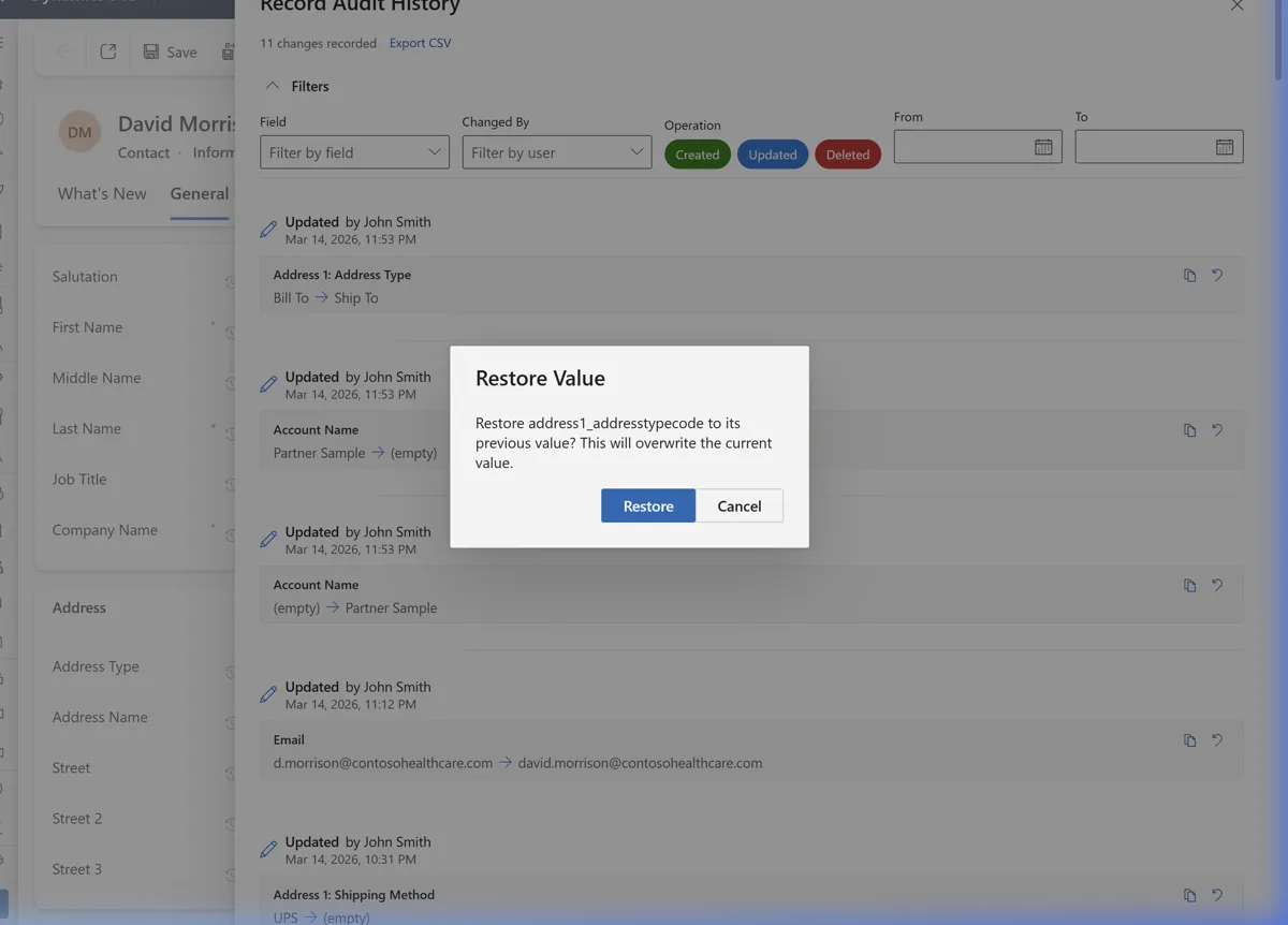 Restore confirmation dialog asking to revert Email to its previous value
