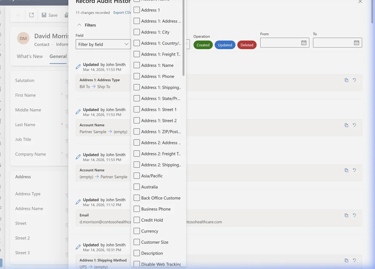 Deep Dive panel filtered to show only Email field changes